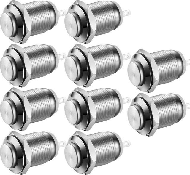 10 Stück AOKIN Druckknopf-Momentschalter aus Edelstahl in Silber, wasserdicht, 12 mm Durchmesser, Ein-Aus-Funktion, 2 A, 12 V/24 V/125 V/250 V, hoher Kopf - Bild 1