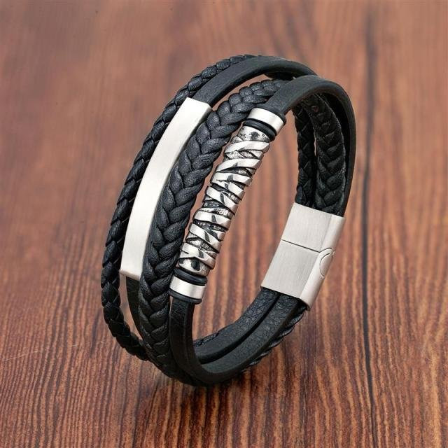 YIRAN Jewelry Armband, Edelstahl, Leder, grau, Herren, 18,5 cm - Bild 1