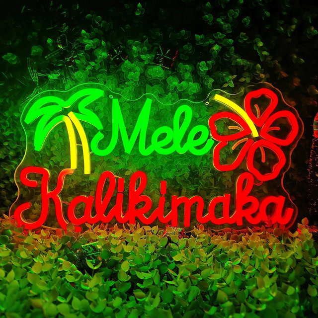 Mele Kalikimaka LED-Neonschild mit tropischen Palmen und Hibiskus, dimmbar, Mehrfarbig, Wanddekoration - Bild 1