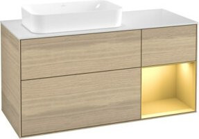 V&B Waschtischunterschrank Finion in Oak Veneer mit Regalelement in Gold matt, Breite: 120 cm, Tiefe: 60 cm - Bild 1