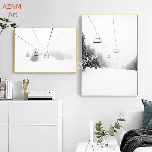 AZNM Leinwandbild Ski Berg Motiv in Schwarz Weiß als moderne Nordic Wanddekoration für dein Zuhause - Bild 1