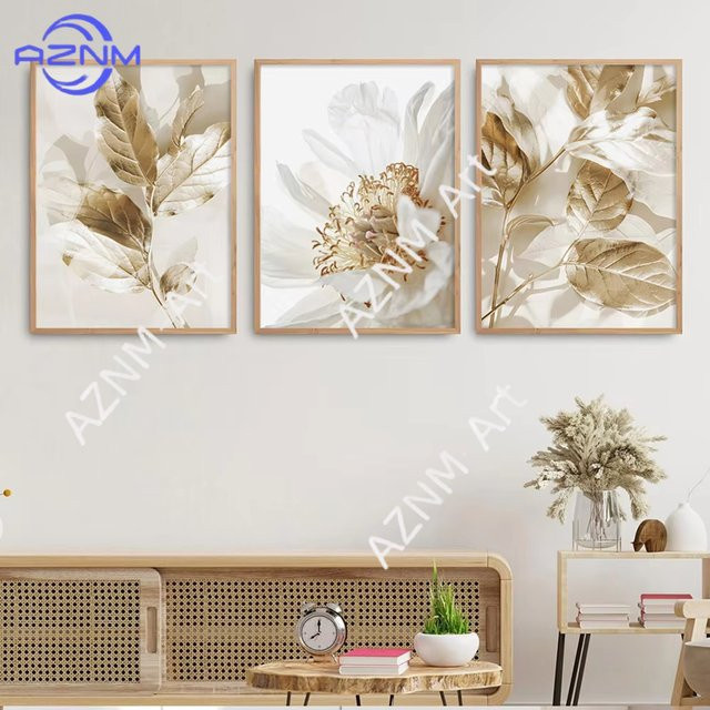 Potdemiel Wandkunst Leinwanddruck Nordisches Blumen und Goldene Blätter Poster in Weiß und Gold - Bild 1