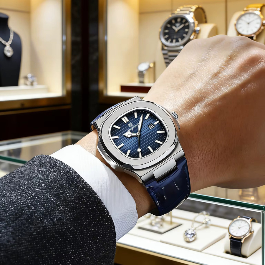 PAAZOMU Herrenuhr, Quarz, Eckig, Blau, Leder, Edelstahl, Herren - Bild 4