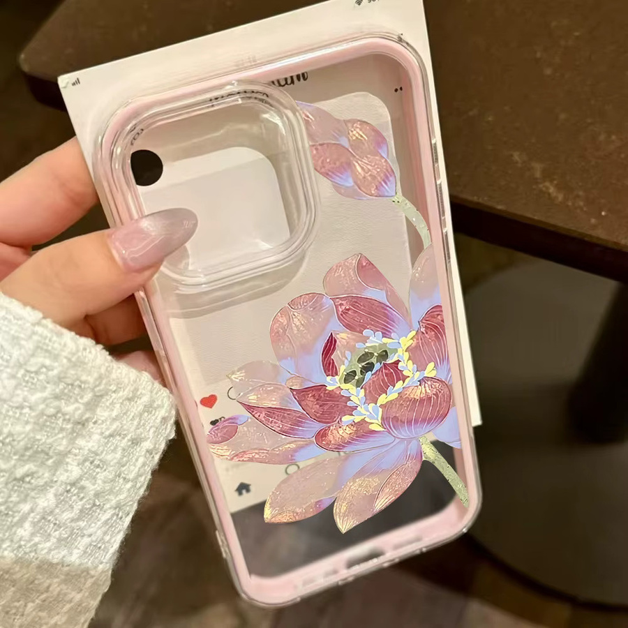 Caynes Shockproof Handyhülle aus transparentem TPU mit rosa Lotus-Design für iPhone Modelle - Bild 3