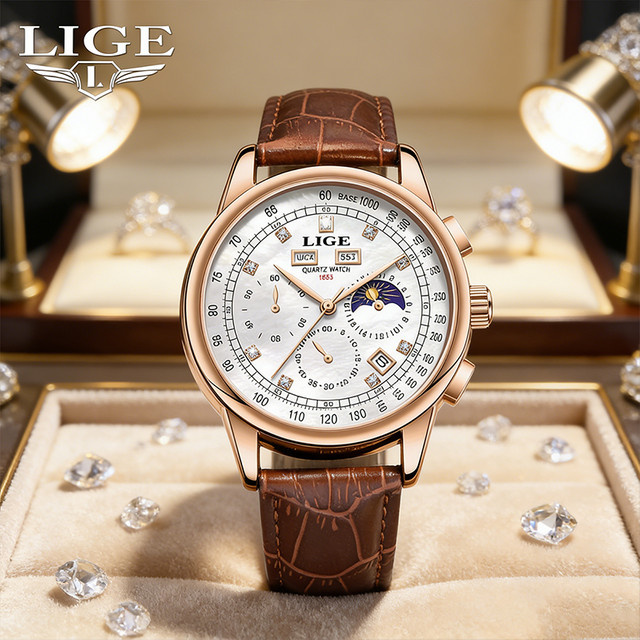 LIGE Chronograph Herrenuhr, Quarz, Leder, Roségold, Weiß - Bild 1