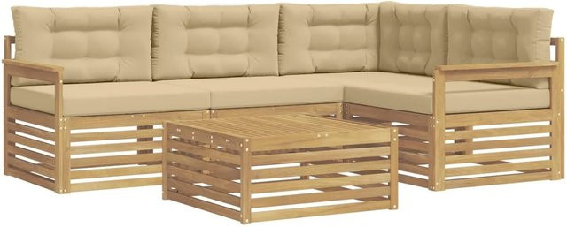 vidaXL 6-tlg. Outdoor-Sofagarnitur in L-Form mit Kissen und Couchtisch, Weiß und Beige, aus Akazienholz und UV-beständigem Polyester - Bild 1