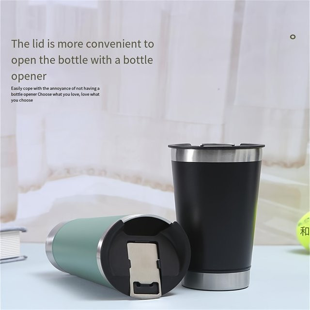 8er Set Lusella Edelstahl Bierkrug Doppelwandig Vakuumisoliert mit Deckel und Flaschenöffner, 473 ml, Beige und Schwarz - Bild 1