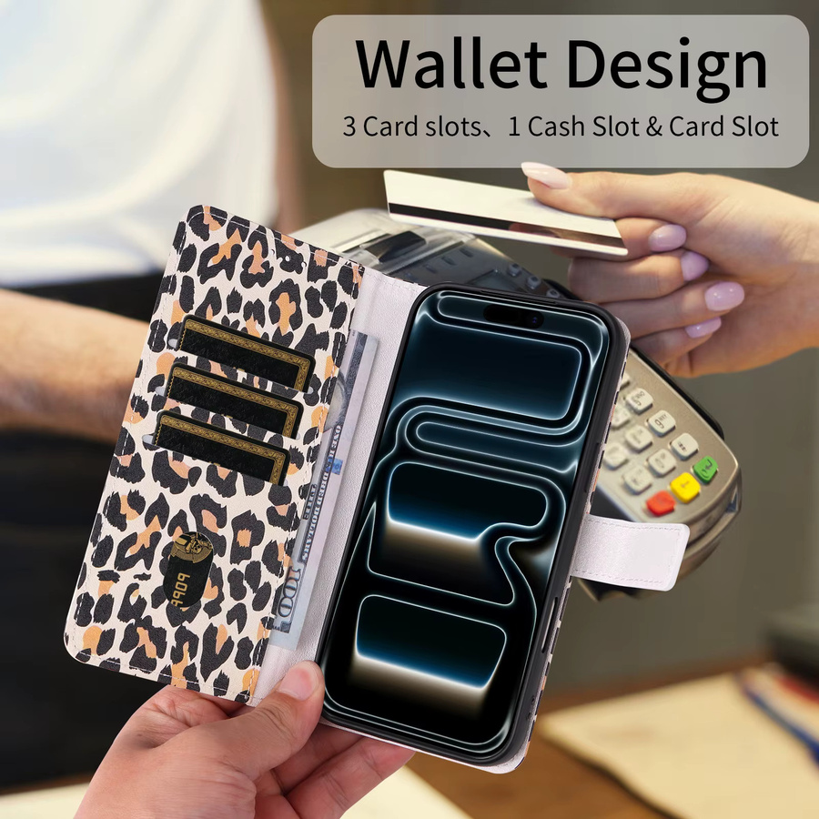 Leopardenmuster Flip-Wallet Handyhülle aus Kunstleder mit Kartenfach für iPhone 17 Pro Max, 16 Pro, 15, 14 Plus, 13 in Beige und Multicolour - Bild 3
