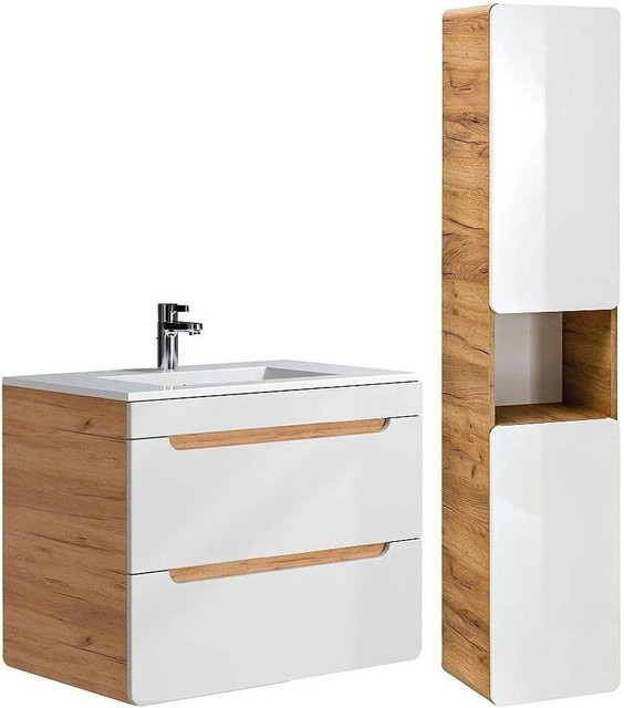 Vente-unique Badmöbel-Set Aruba in Naturfarben Hell und Weiß mit Waschbeckenunterschrank, Einbauwaschbecken und Badhochschrank, Breite: 80 cm - Bild 1