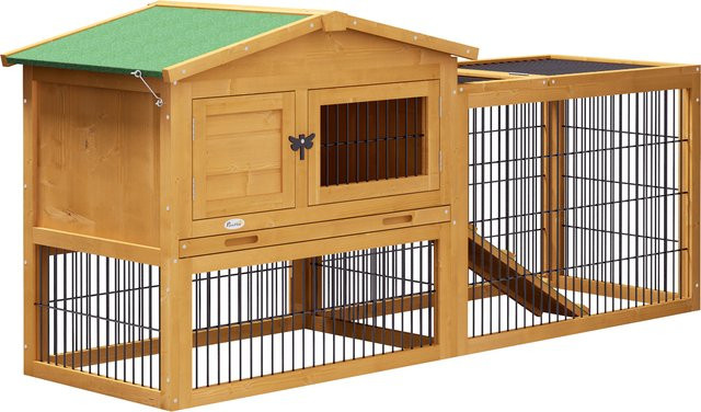 PawHut Kaninchenstall aus Tannenholz in Gelb mit 2 Ebenen, wetterfestem Doppelstockhaus und Freilaufgehege für Hasen, Kaninchen und Meerschweinchen, B/T/H: 150 x 52 x 68 cm, Aosom - Bild 1