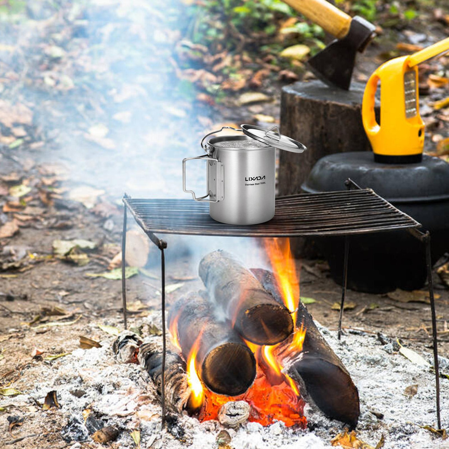 TOMTOP JMS Edelstahl-Campingtopf mit Deckel und faltbarem Griff, tragbarer Wasserbecher mit Löffel, Silber, 750 ml - Bild 3