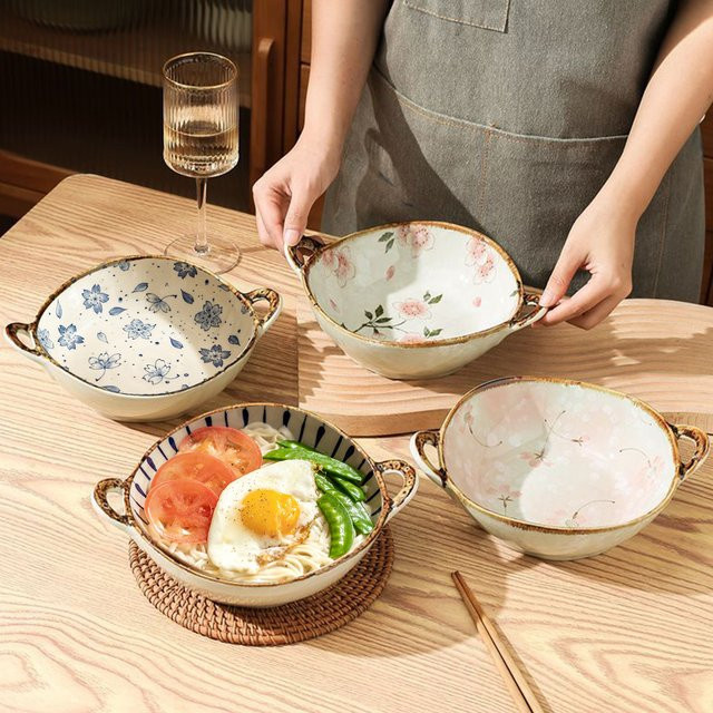 4er-Set MYVIT Keramik Suppenschalen mit Griff, ideal für Nudeln und Salat, mikrowellen- und backofengeeignet, Durchmesser: 19,05 cm - Bild 1