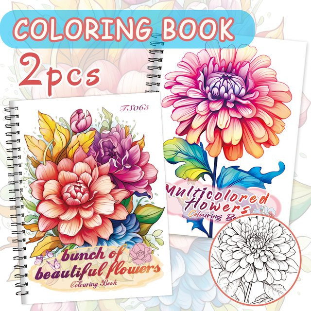 2-teiliges Blumen-Malbuch-Set für Erwachsene mit 30 einzigartigen Designs, spiralgebunden, Mehrfarbig, B: 28,45 cm, H: 20,83 cm - Bild 1