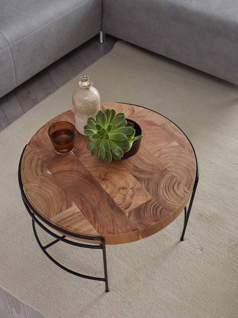 Couchtisch Wohnling aus Akazien-Massivholz und Edelstahl in Braun, B/T/H: 62 x 62 x 40 cm - Bild 1