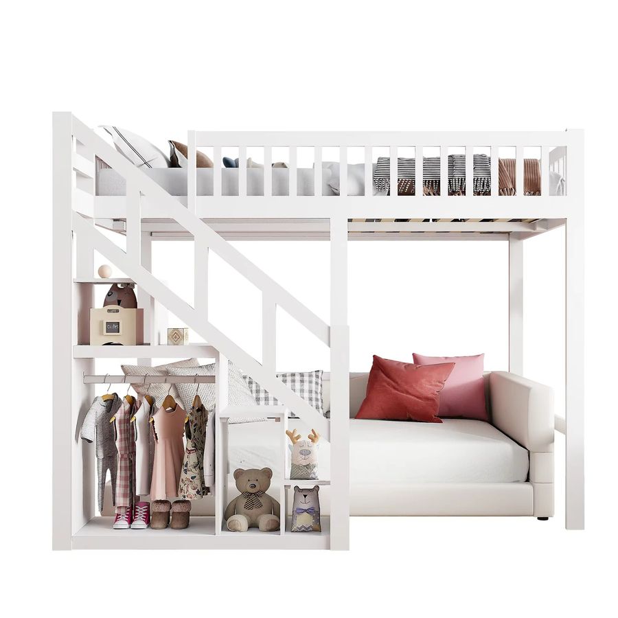 Rosahqnda Kinderhochbett aus Massivholz mit Rausfallschutz, Treppe und Stauraum in Rosa und Weiß, B/T/H: 90 x 200 cm - Bild 2