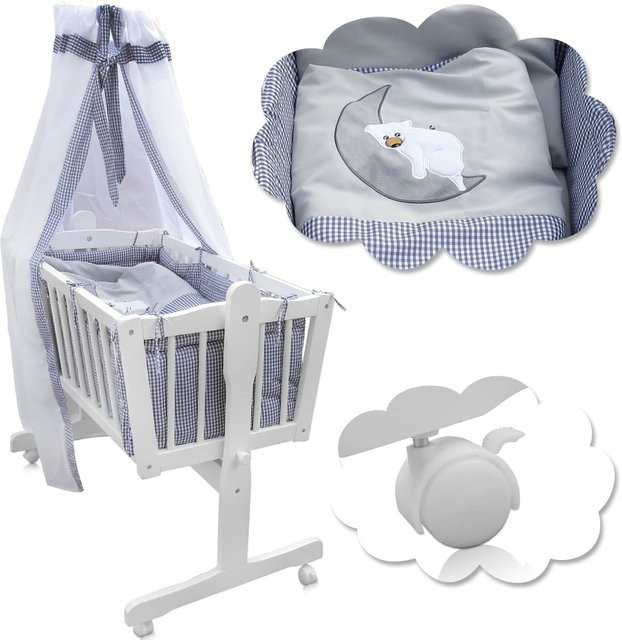 Oskar Baby Wiege und Stubenwagen als Beistellbett aus Massivholz mit 9-teiligem Zubehör in Weiß und Grau - Bild 1
