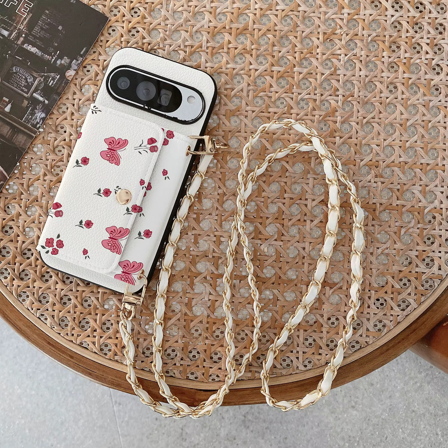 Multifunktions Handyhülle aus PU-Leder mit rosa Schmetterling-Metallkette und Kartenhalter für Google Pixel 6, 7, 8, 9 und 10 Pro X in Pink und Weiß - Bild 3