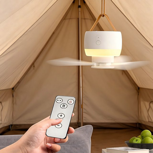 TENGKESi Mini Deckenventilator für den Außenbereich mit Campingbeleuchtung, USB, 8000 mAh, Weiß - Bild 1