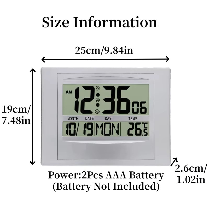 Digitale Wanduhr NieNie mit Datums- und Wochenanzeige, LCD-Wecker mit 2 Alarmen und Schlummerfunktion, in Schwarz oder Weiß - Bild 2