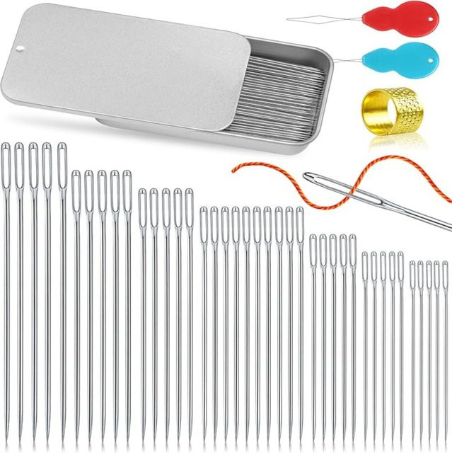 NOTIONSLAND Gobelin-Nadeln mit Nadeleinfädler und Fingerhut in Silber zum Nähen, Stricken und Weben - Bild 1