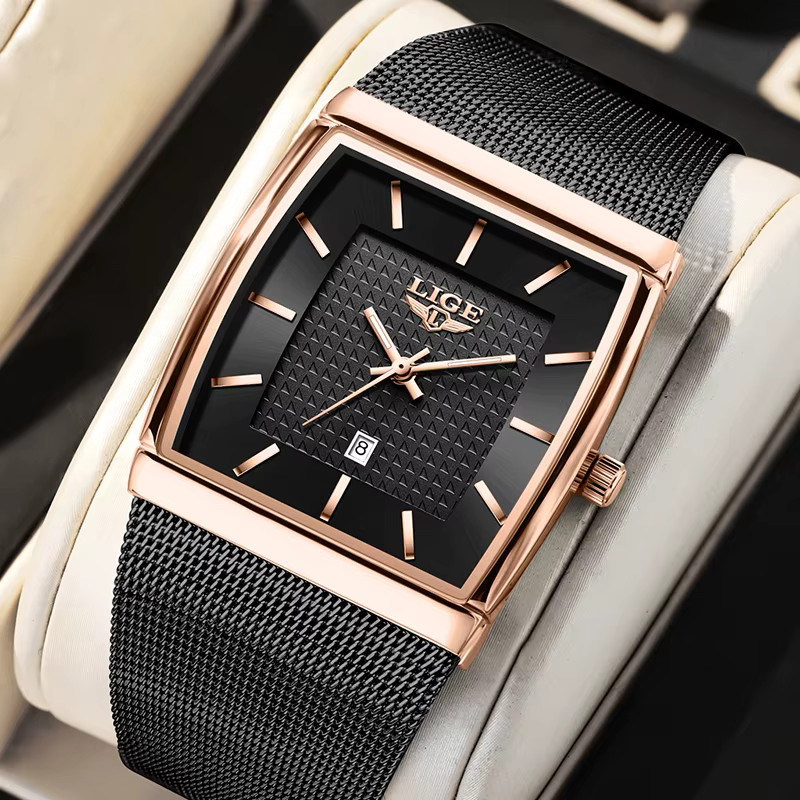 LIGE Armbanduhr, Quarz, Roségold, eckig, Milanaise, Herren - Bild 5