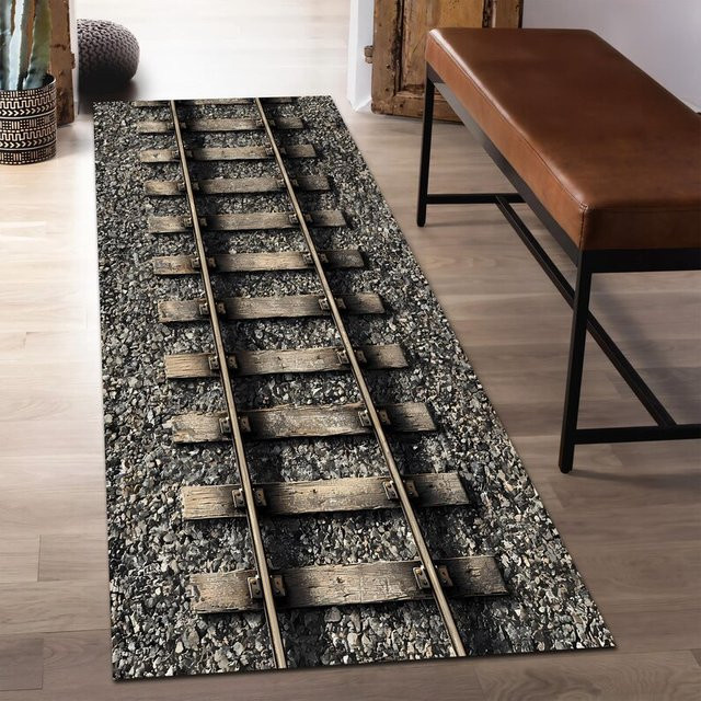 3D-Eisenbahn-Teppich mit Illusion-Effekt im industriellen Design, grauer Flurläufer für Eingangsbereich oder Kinderzimmer, Breite: 120 cm - Bild 1