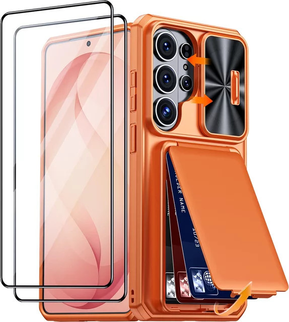 BANGZAO Wallet Case für Samsung Galaxy S26 Ultra in Orange mit Kartenhalter, Schiebe-Kameraabdeckung und Standfunktion aus PC+TPU - Bild 1