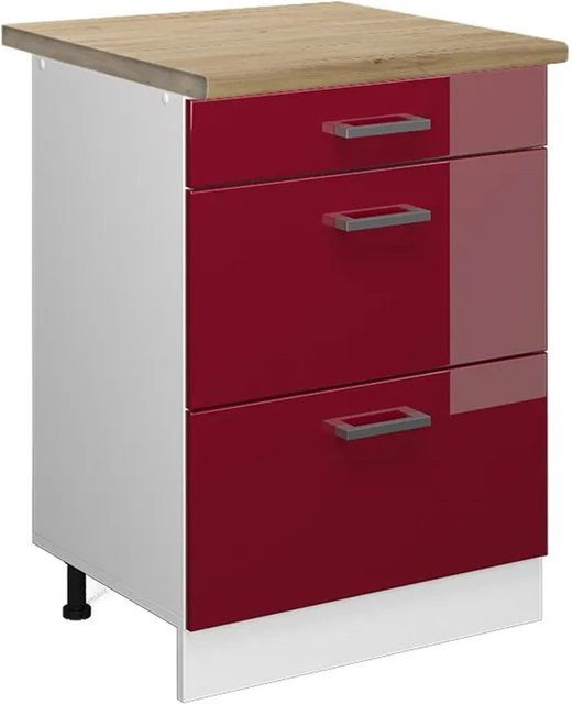 Vicco Küchenunterschrank R-Line in Bordeaux Hochglanz und Weiß mit Schubladen und Eiche-Optik, B/T/H: 60 x 60 x 81,6 cm - Bild 1