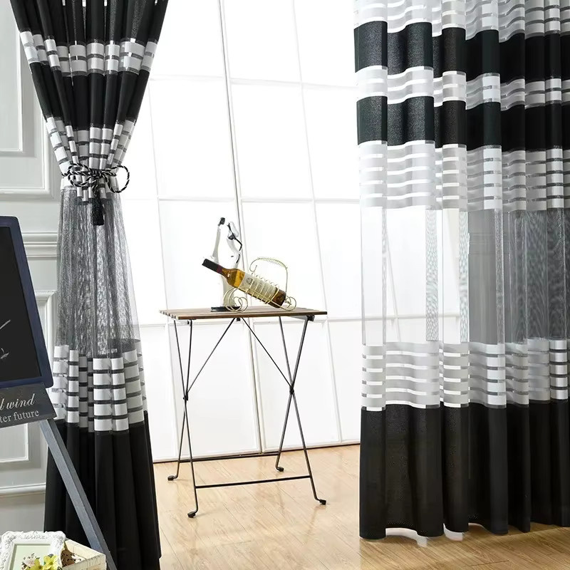 NewWPKIRA Retro-Vorhang mit schwarz-weißen Streifen und Samt-Stickerei, transparenter Tüll-Vorhang in Weiß und Schwarz, B/H: 100 x 200 cm - Bild 2