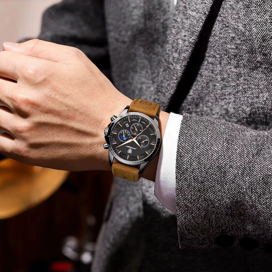 POEDAGAR Armbanduhr Chronograph, Quarz, Leder, Herren, Schwarz - Bild 6