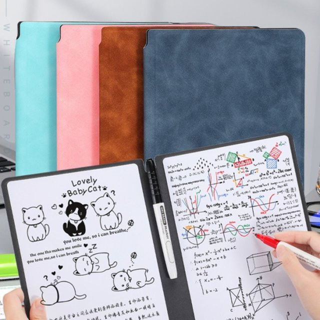 Wiederverwendbares A4 Whiteboard-Notizbuch aus Leder mit Whiteboard-Stift und Wischtuch in Weiß und Grün - Bild 1