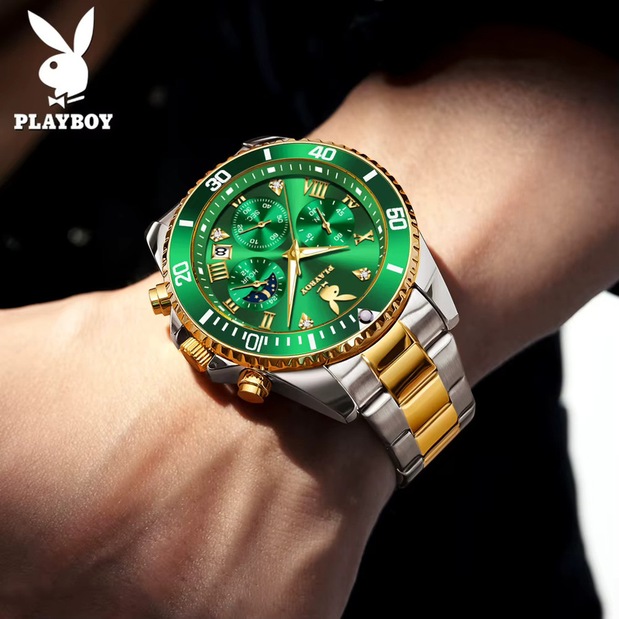 PLAYBOY Herren-Chronograph, Quarz, Edelstahl, Grün, Gold, Herren - Bild 3