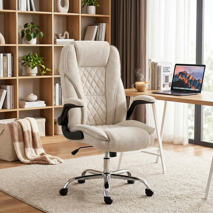Ergonomischer HOMCOM Bürostuhl in Beige mit hochklappbaren Armlehnen, höhenverstellbar und 360 Grad drehbar, gepolsterter Veloursstoff-Sitz mit hoher Rückenlehne für dein Home Office - Bild 2