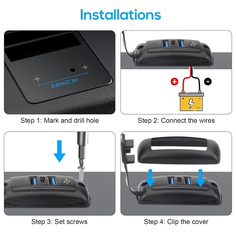 Kankeirr 3-Ports USB-Steckdose mit Dual QC3.0 und PD3.0 Schnellladegerät für Auto, Bus und RV, Schwarz, Wasserdichtes Steckdosenpanel für 12V/24V - Bild 5