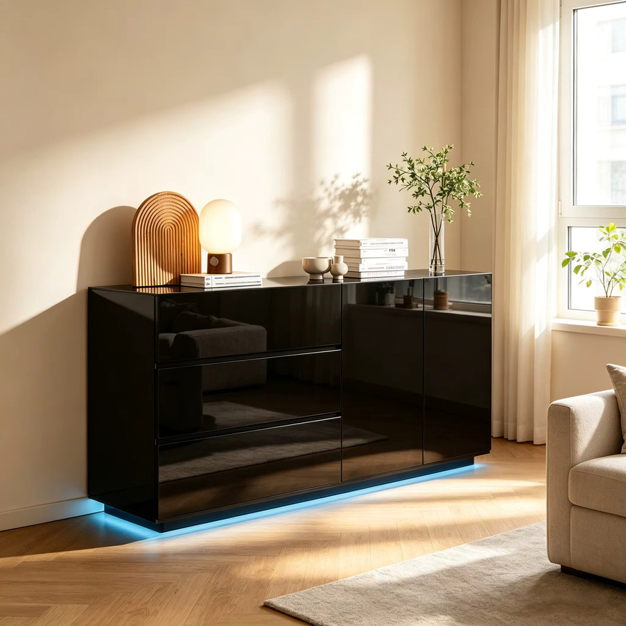 Simurq Moderner Aufbewahrungsschrank in Schwarz mit Hochglanz-Finish, Esszimmer-Sideboard mit 2 Türen und 3 Schubladen, B/H/T: 160 x 76 x 35 cm - Bild 2