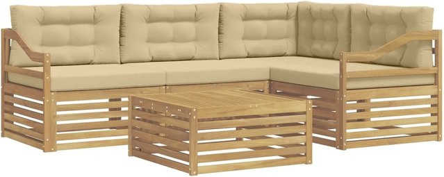 vidaXL Outdoor-Sofagarnitur 5-teilig in L-Form mit Kissen und Couchtisch, Weiß und Beige, aus Akazienholz und UV-beständigem Polyester - Bild 1