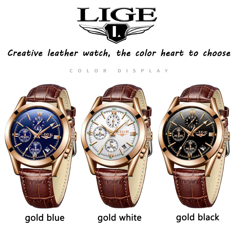 LIGE Chronograph, Quarzuhr, Leder, Schwarz, orange, Herren - Bild 6