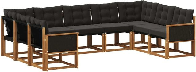 vidaXL Outdoor-Sofagarnitur L-Form aus Akazienholz mit 9 Kissen in Schwarz und Natur - Bild 1