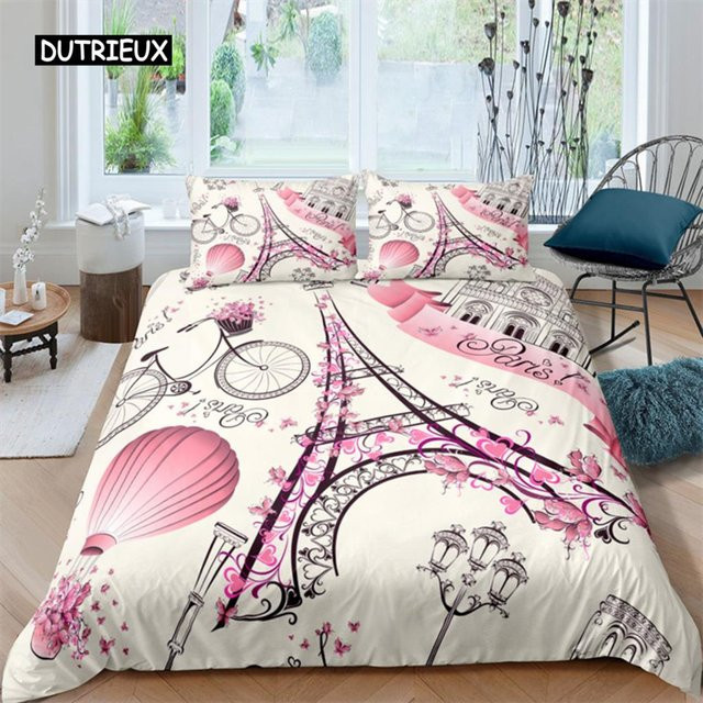 Bettwäscheset mit Eiffelturm-Motiv von Binchi Outdoor Product, Mikrofaser, Weiß, B/H: 210 x 210 cm - Bild 1