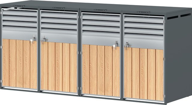 GL Store Mülltonnenbox mit hydraulischem Klappdeckel und 4-türigem Aufbewahrungsmodul aus verzinktem Stahl, Grau-Braun, B/T/H: 264 x 80 x 118,5 cm - Bild 1