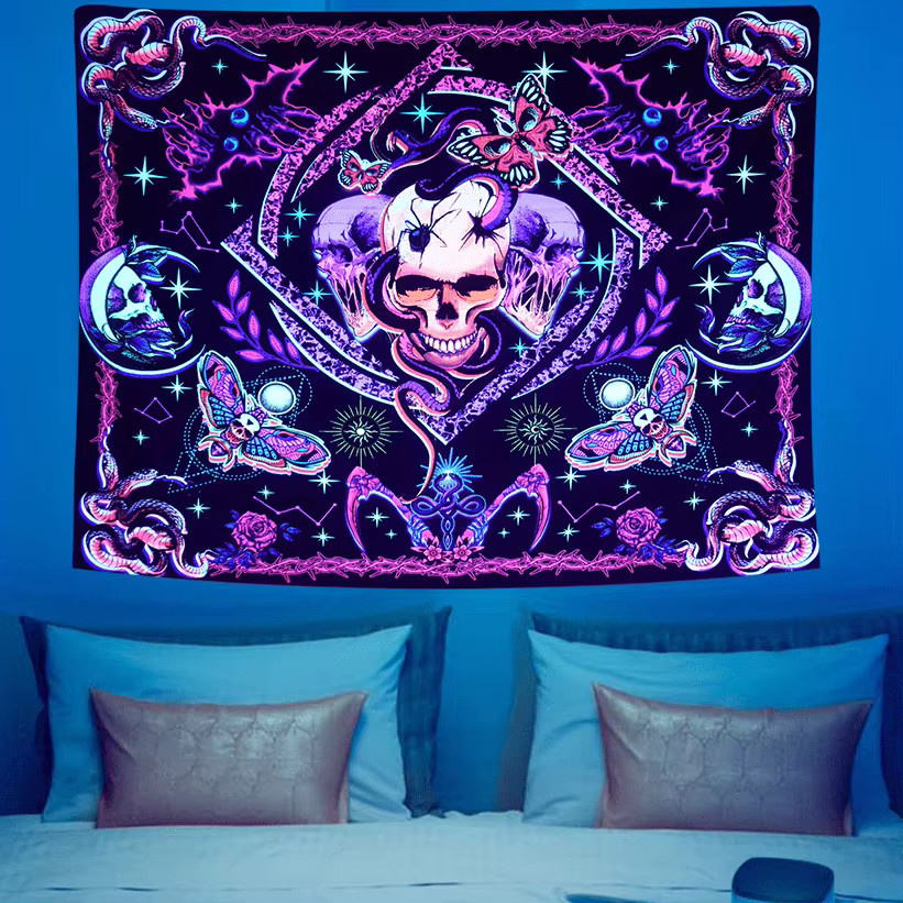 VIKAMA Halloween Wandteppich im Gothic Stil mit Totenkopf, Rose, Mond und Sternen in Multicolour, B/H: 60 x 40 cm - Bild 2