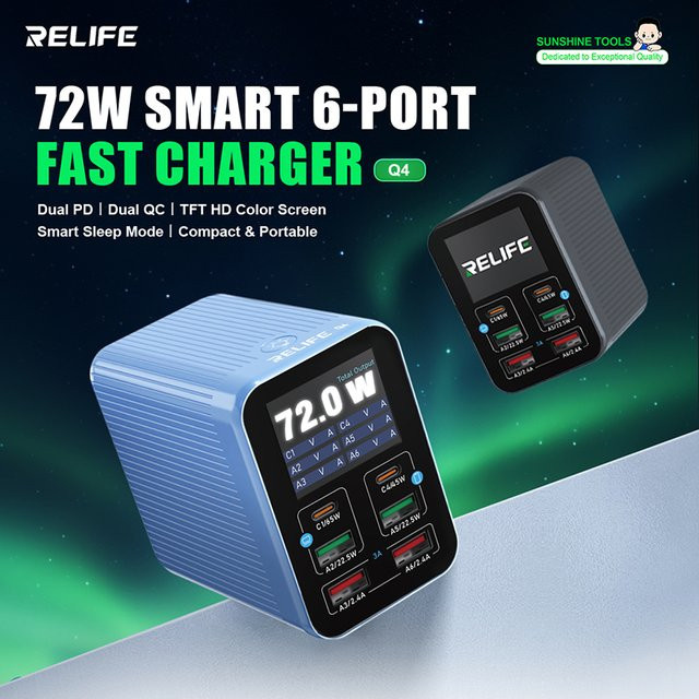 RELIFE Q4 72 W intelligentes 6-Port-Schnellladegerät mit 2 PD-Ports, 2 QC3.0-Ports und 2 USB-A-Ports inklusive Smart-Sleep-Modus in Blau - Bild 1