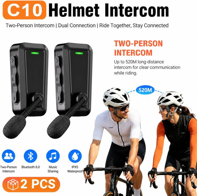 KEBIDUMEI Helm-Intercom-Headset 520M Wasserdichter Motorrad-Interkommunikator mit Musik-Sharing in Schwarz - Bild 1