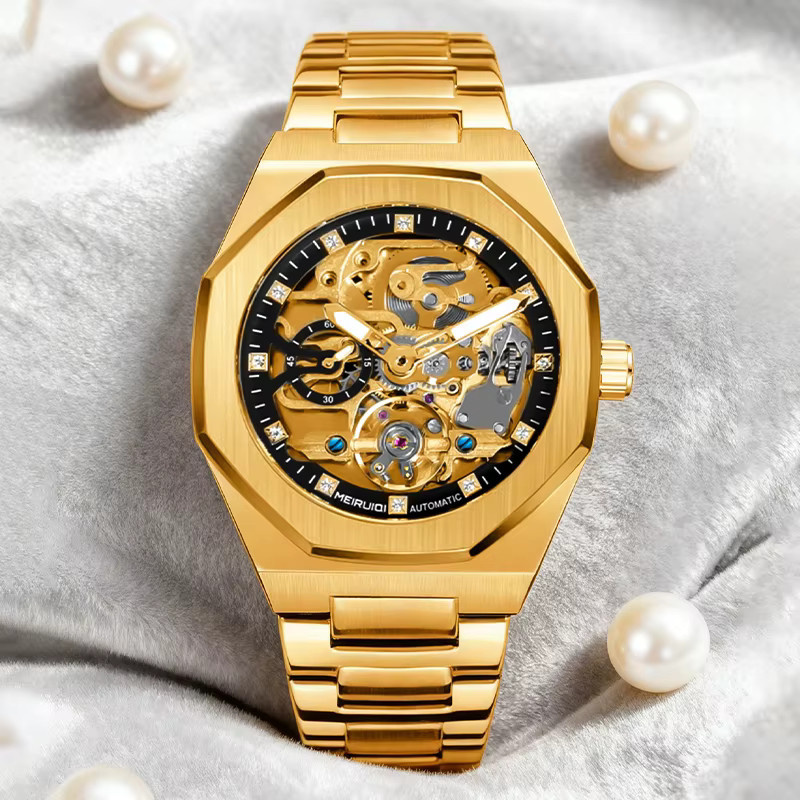 MEIRUIQI Armbanduhr Automatik, Edelstahl, Gold, Schwarz, Herren - Bild 4