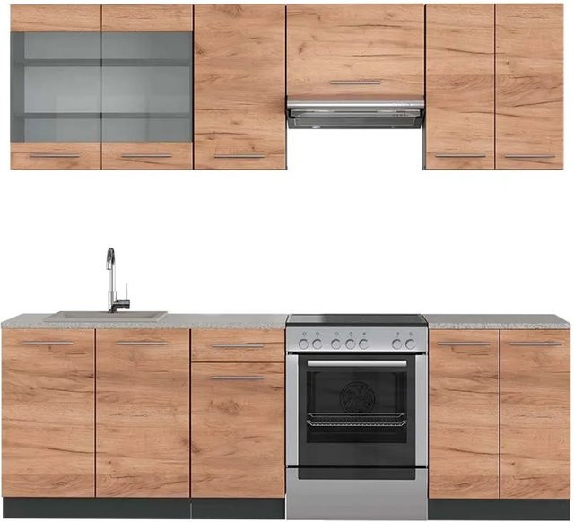 Vicco Fame-Line Küchenzeile Goldkraft Eiche/Anthrazit mit Marmor-Optik, B/T/H: 240 x 60 x 82 cm - Bild 1