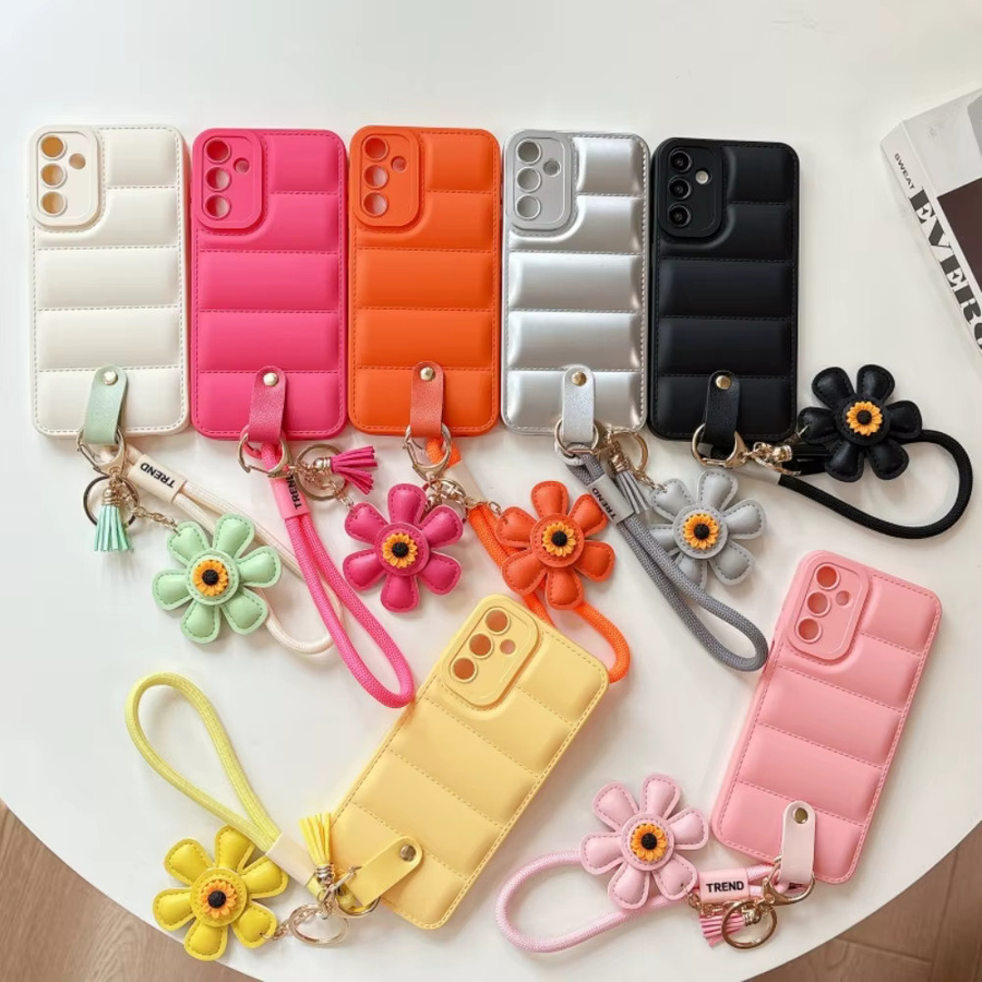 Luxuriöse Daunenjacken-Sonnenblumen-Handgelenkschlaufen-Hülle für Samsung Galaxy S25 S24 Ultra S23 S22 Plus S21 FE A56 A55 A54 A16 A35 A15 in Schwarz - Bild 2