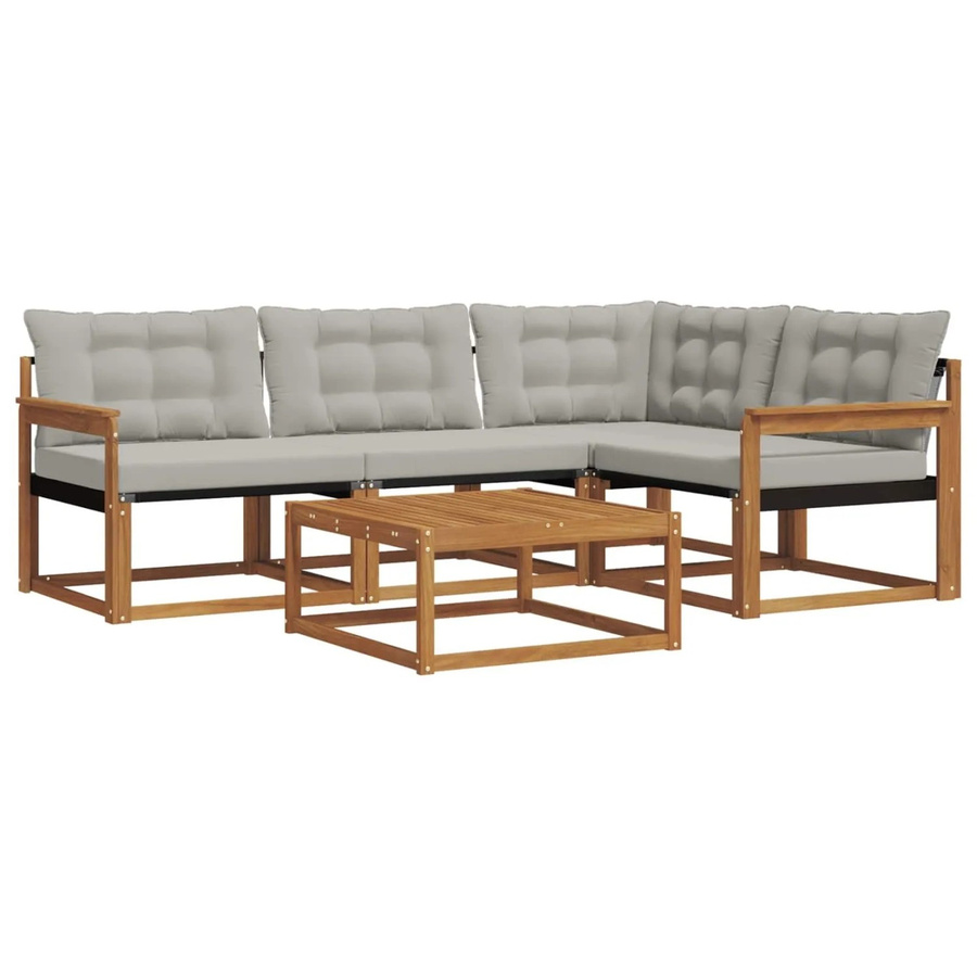 vidaXL Outdoor-Sofagarnitur aus Akazienholz mit Textilene und Kissen, 5-teiliges L-Shape Set, Hellgrau - Bild 2
