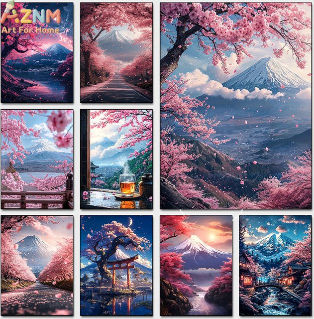 AZNM Mount Fuji Kirschblüten Japanische Landschaft Rahmenlose Leinwand-Wandkunst in Rosa und Mehrfarbig - Bild 1