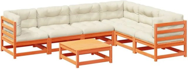 vidaXL 7-tlg. Garten-Sofagarnitur aus Kiefernholz in Wachsbraun mit Polsterkissen und Ottoman in L-Form - Bild 1