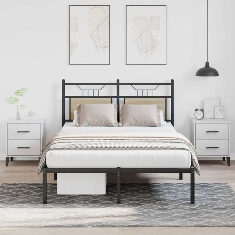 Vidaxl Bettgestell aus Holzwerkstoff und Metall in Eiche Natur und Schwarz, Modernes Metallbett ohne Matratze, B/T/H: 120 x 190 x 91,5 cm - Bild 1